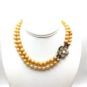 Elegant Vintage 1940s Faux Pearl Double Strand Floral Clasp Necklace SEE